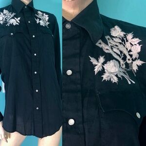 VTG 70s *Chute #1* Men's Black w/White Embroidery Pearl Snaps Western Shirt~S
